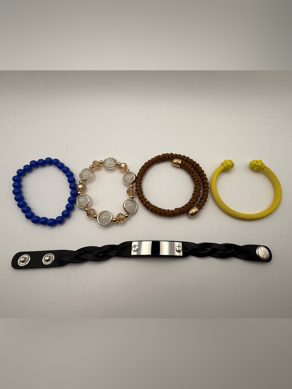 5 Pc Bracelet Lot - Beaded Suede Cable Cuff Leather Snap Bar Wristband
